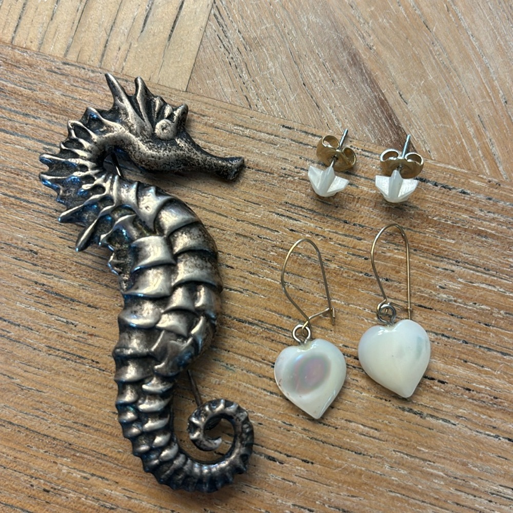 Vintage shell earrings and seahorse broche